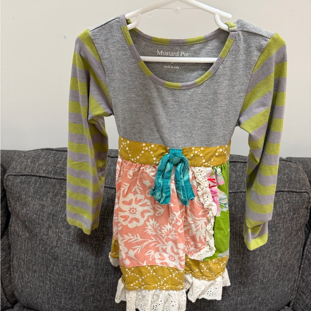 Mustard Pie Gray and Green Striped Dress with Patchwork